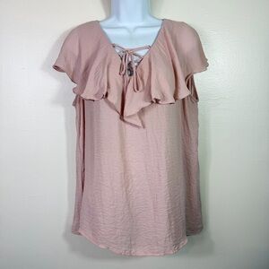 Blush Summer Ruffle Lace Up Crisscross Neckline Blouse